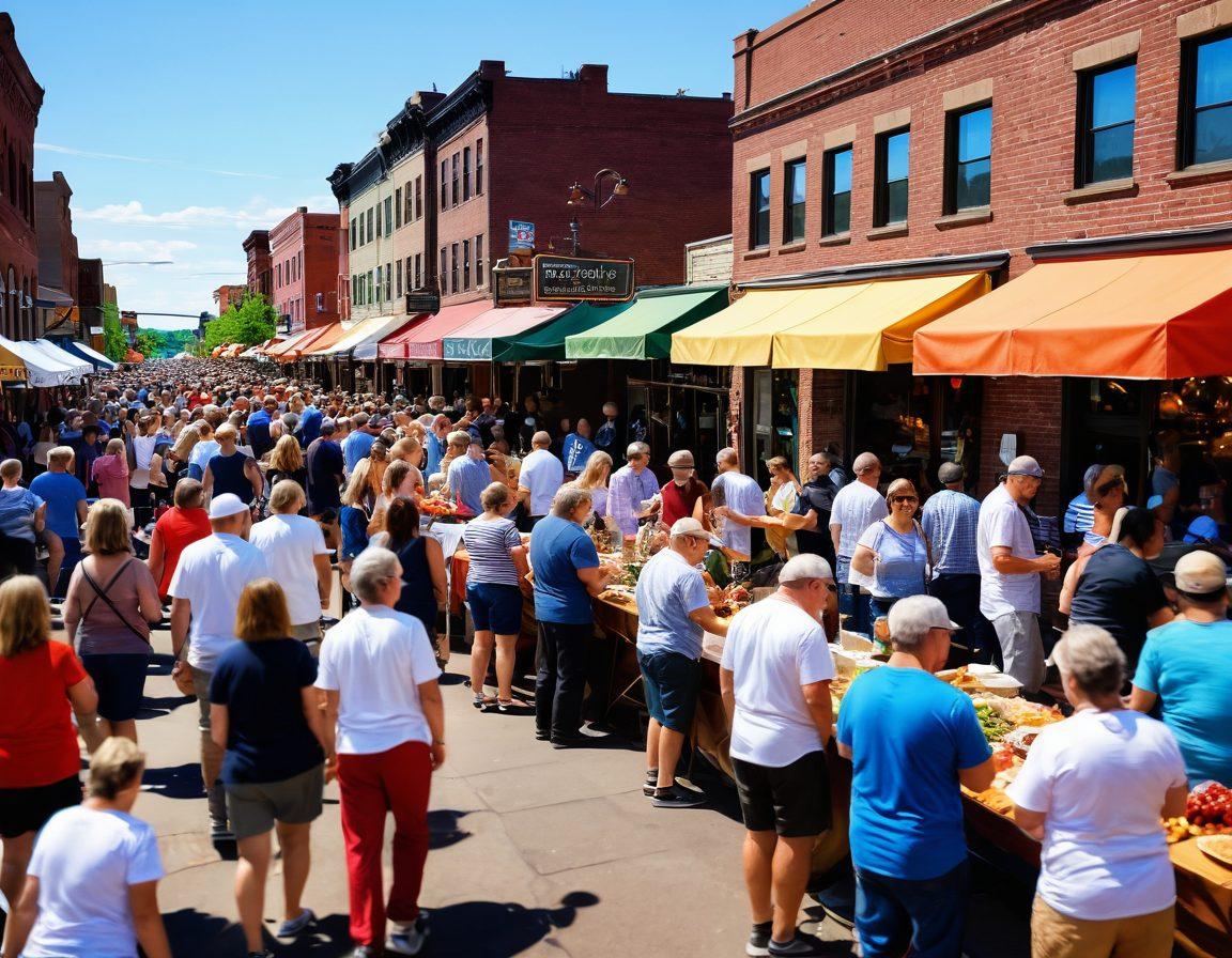 A lively street scene in Duluth, with diverse people engaging in local events – a colorful festival, live music, and food stalls. Incorporate historic buildings with modern art installations, showcasing the blend of culture and community. Capture the essence of vibrant life with bright colors and dynamic expressions, emphasizing the spirit of connection among the locals. super-realistic. vibrant colors. 3D.