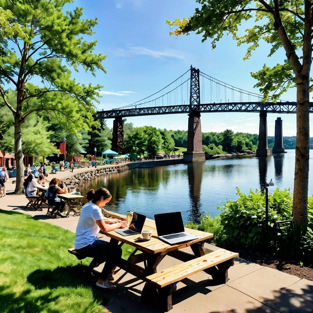 A picturesque scene of Duluth's waterfront, showcasing a vibrant lifestyle blog in action. Capture a diverse group of content creators, laptops open, engaged in brainstorming on a picnic table adorned with colorful notebooks and art supplies. The backdrop features the iconic Aerial Lift Bridge and lush greenery, symbolizing creativity and inspiration. Bright sunlight filtering through the trees adds warmth to the image. watercolor style. vibrant colors. sunny atmosphere.