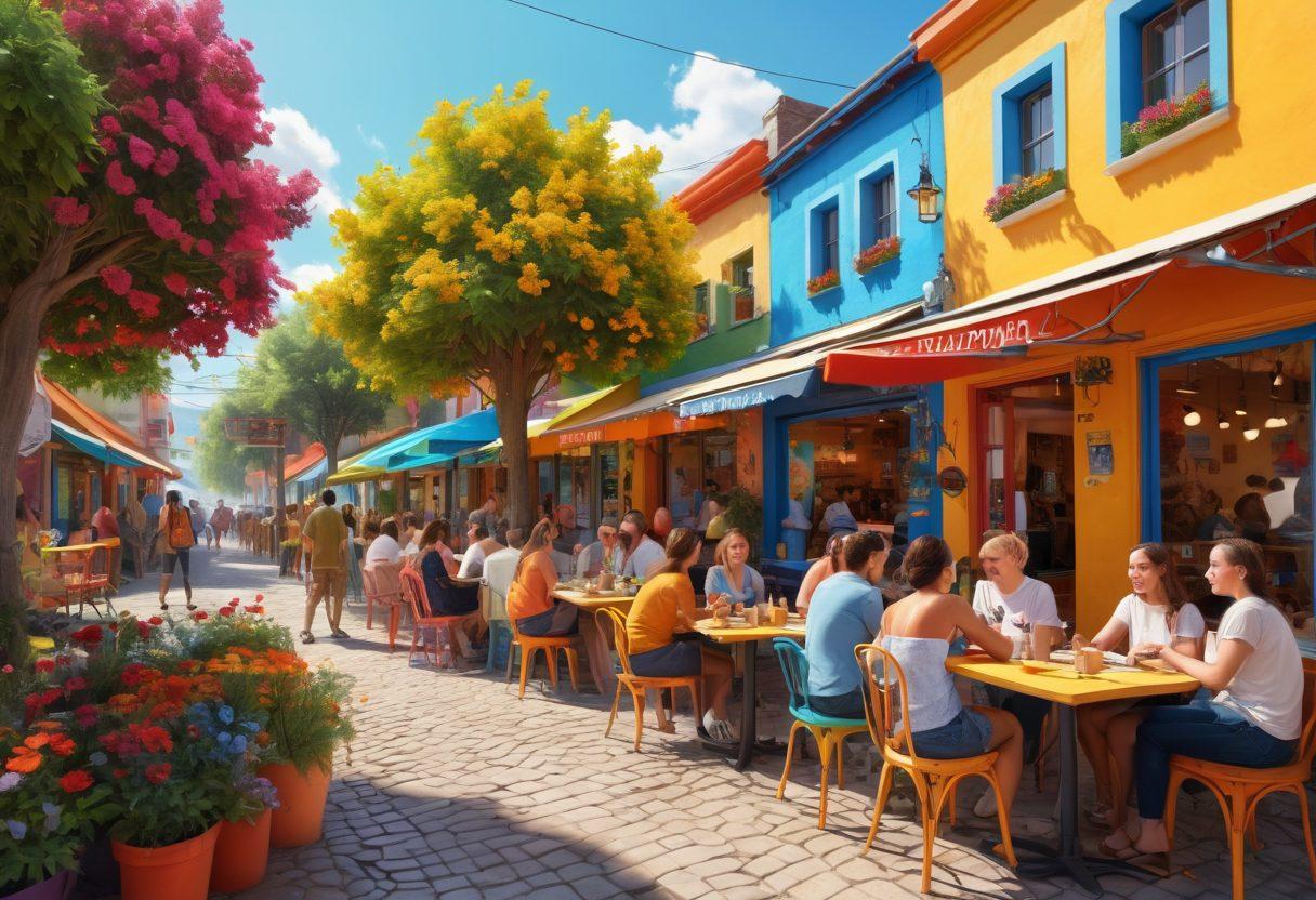 A bustling community scene in Deluth, showcasing diverse people engaging in various activities like blogging, painting, and chatting at a colorful café. Bright murals and street art symbolize creativity, while trees and flowers add to the vibrancy. The atmosphere is lively and inviting, capturing the essence of life in Deluth. super-realistic. vibrant colors. 3D.